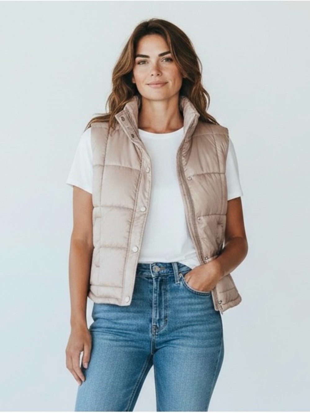 Stretchtherules Quilted Puffer Vest Taupe Beige High Collar Size M